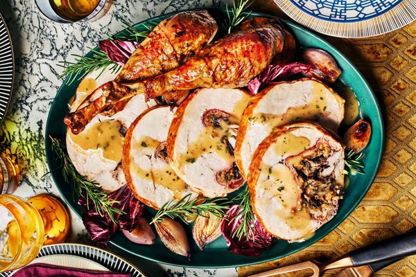 Ballotine-style whole roast turkey with radicchio, walnuts, and speck