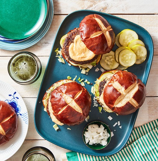 Ballpark pretzel-bun burgers