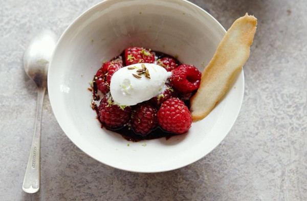 Balsamic and lime raspberries with goats' milk ice cream