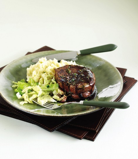 Balsamic and thyme steak with Dijon mash and cabbage