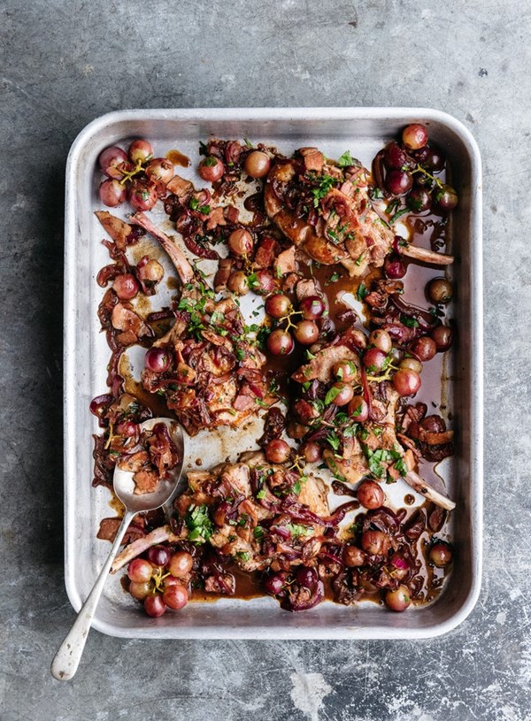 Balsamic braised pork chops with grapes and rosemary