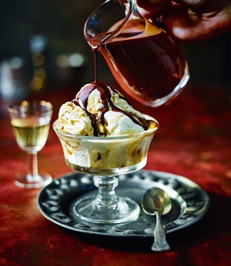 Balsamic caramel swirl ice cream and magic chocolate sauce