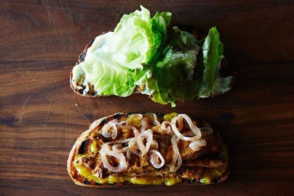Balsamic chicken sandwich with peach jam and brandied onions