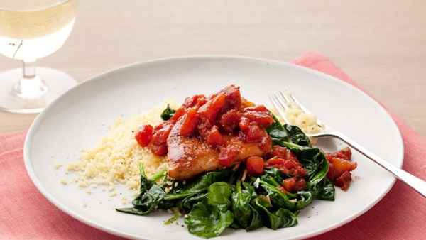 Balsamic chicken with baby spinach and couscous