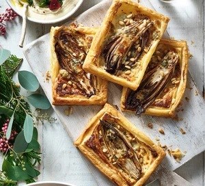 Balsamic chicory, pine nut & blue cheese tartlets 