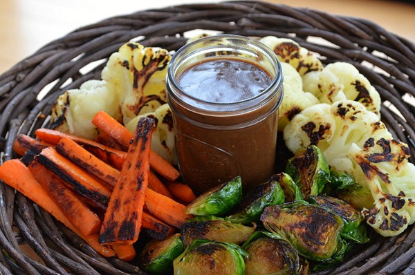 Balsamic dip with skillet-roasted winter vegetables