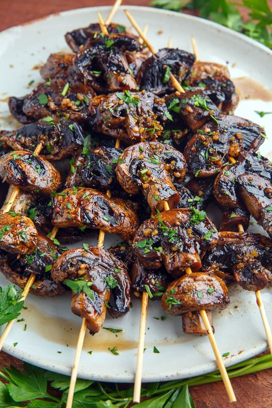 Balsamic garlic grilled mushroom skewers