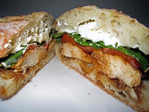 Balsamic glazed chicken sandwich with roasted red peppers and goat cheese