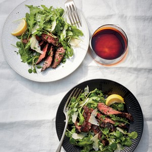 Balsamic hanger steak with greens and Parmesan