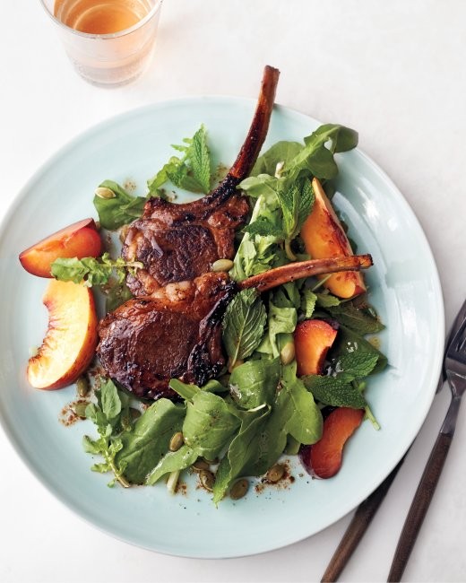 Balsamic lamb chops with stone fruit and arugula