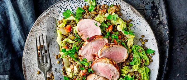 Balsamic lentils with pork fillet