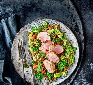 Balsamic lentils with pork fillet