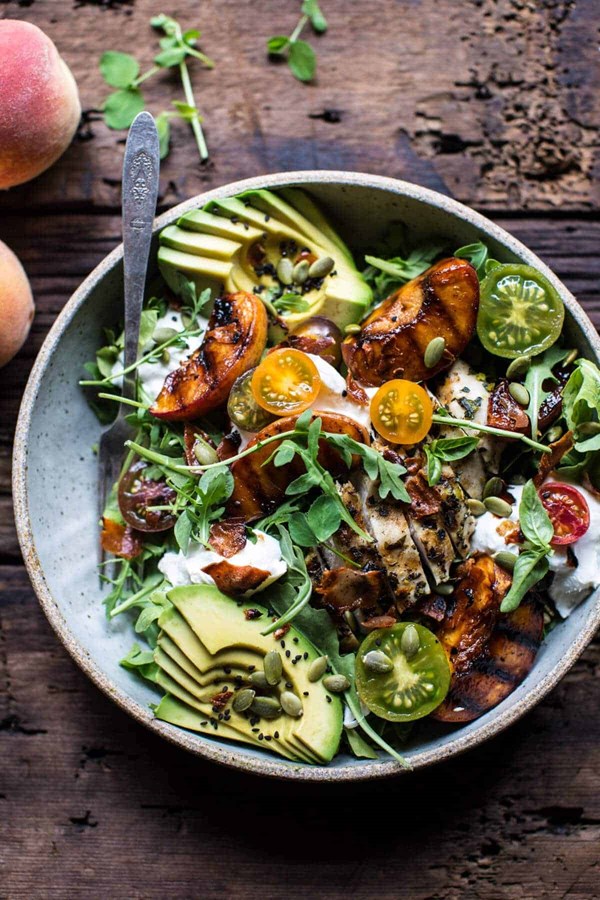Balsamic peach basil chicken salad with crispy prosciutto