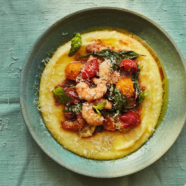 Balsamic prawns with cherry tomatoes and creamy polenta