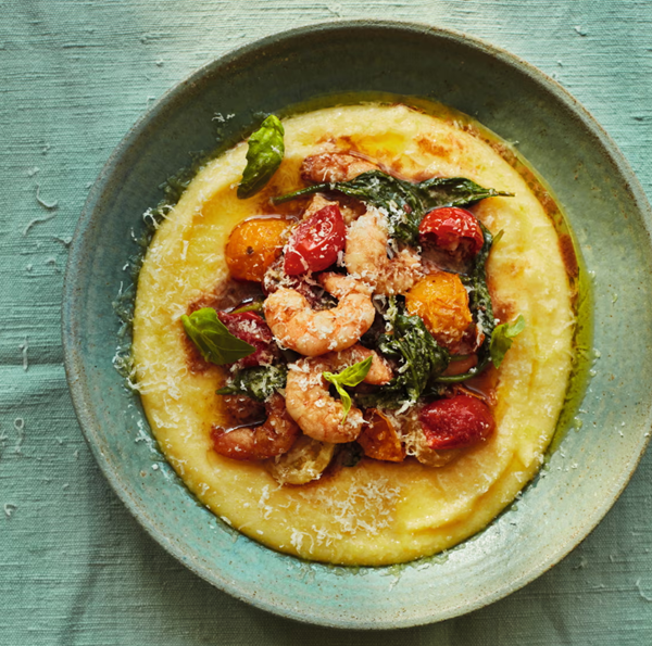 Balsamic prawns with cherry tomatoes & creamy polenta