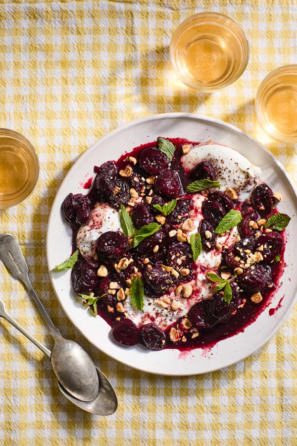 Balsamic roast cherries with burrata and mint
