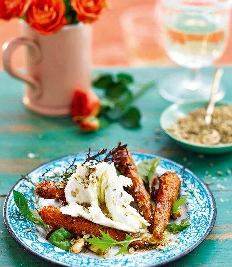 Balsamic roasted baby carrots with almonds and buffalo mozzarella