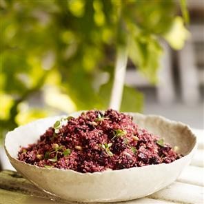 Balsamic-roasted beetroot, lemon, thyme and chilli couscous salad