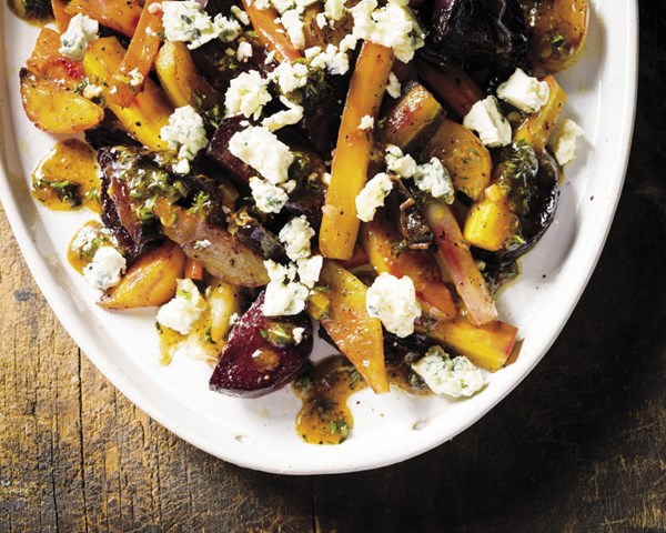 Balsamic roasted beets and carrots with blue cheese