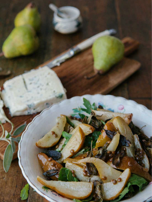 Balsamic Roasted Pears with Lentils, Gorgonzola and Sage