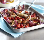 Balsamic roasted sausages & red vegetables