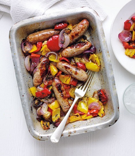 Balsamic sausage, pepper and red onion bake