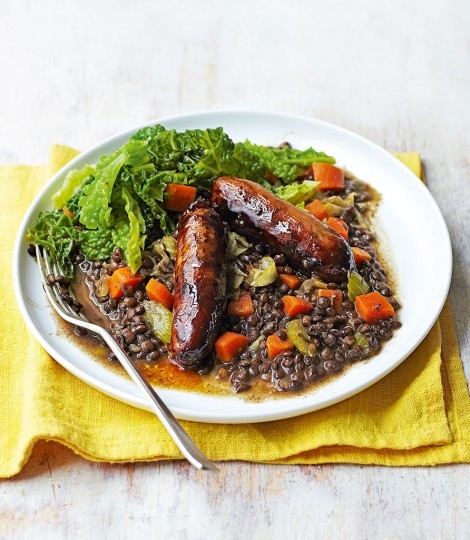 Balsamic sausages with Puy lentils