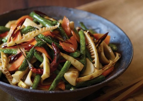 Bamboo shoot, mushroom, and long bean stir-fry