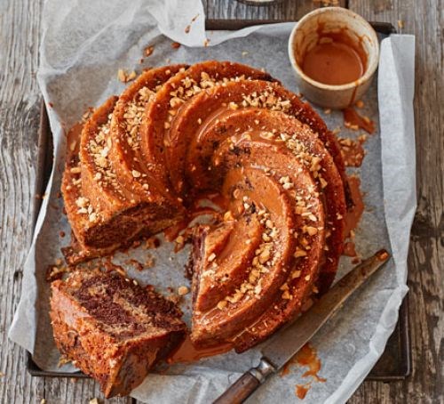 Banana & choc bundt cake with peanut caramel