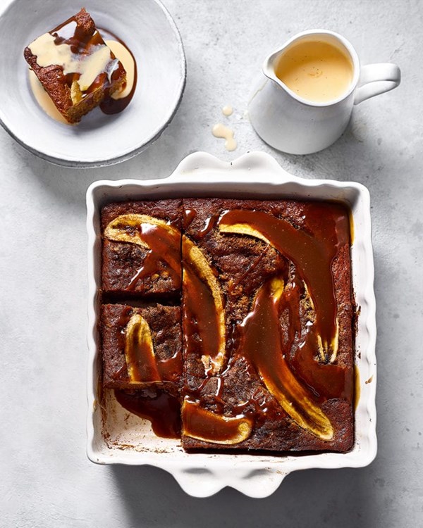 Banana & miso pudding with miso caramel and custard 