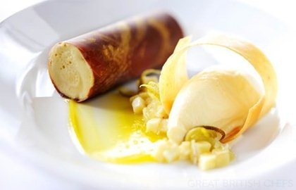 Banana and caramel parfait, peanut ice cream and kalamansi purée