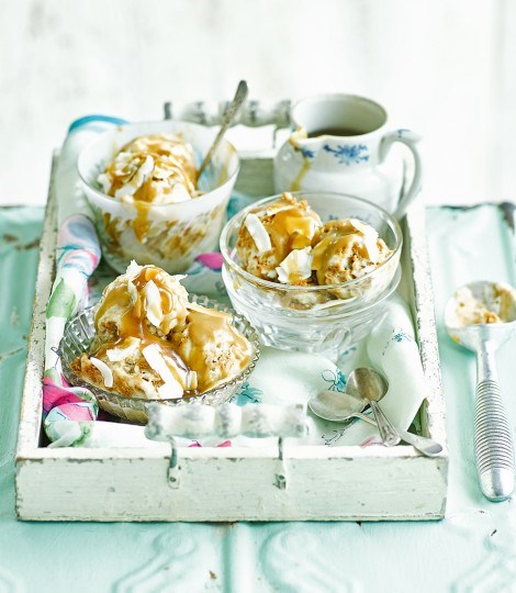 Banana and coconut no-churn ice cream with brandy and caramel sauce