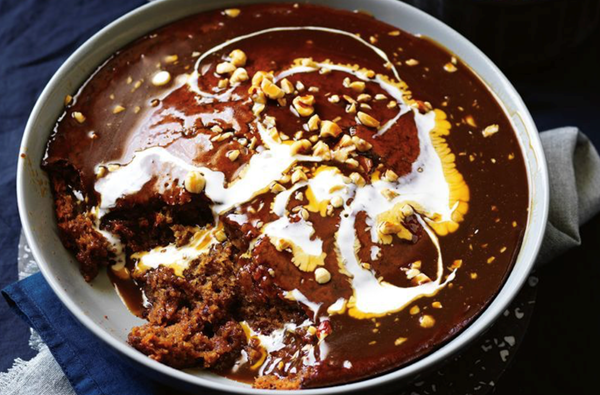 Banana and date pudding with hazelnut butterscotch