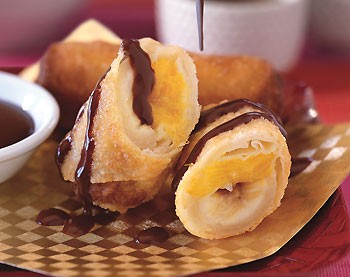 Banana and mango spring rolls with coconut-chocolate ganache