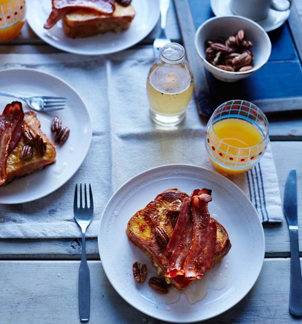 Banana and pecan French toast with bacon and vanilla syrup [The Providores Restaurant]