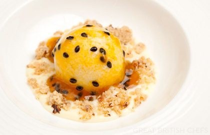 Banana and rum ice cream with passion fruit, walnuts, white chocolate sauce