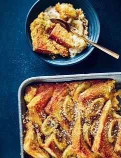 Banana and tahini bread and butter pudding
