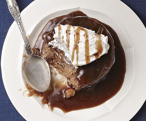 Banana and walnut sticky pudding with salted caramel sauce