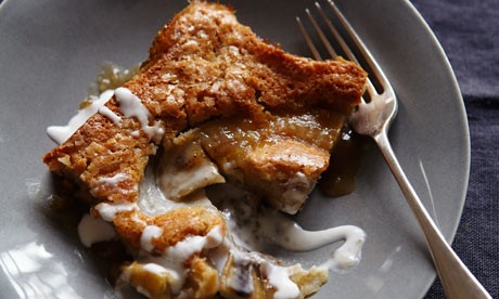 Banana batter cake with coconut caramel sauce