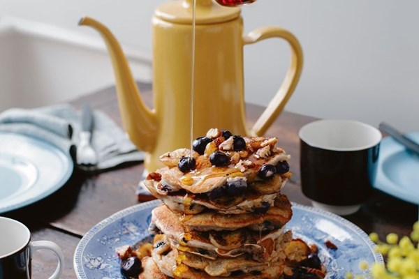 Banana, blueberry, and pecan pancakes