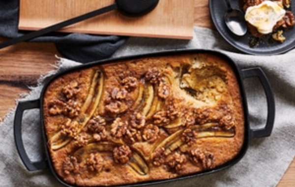 Banana bread and maple syrup pudding with nutmeg walnuts