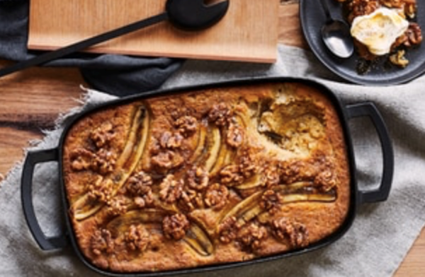 Banana bread and maple syrup pudding with nutmeg walnuts