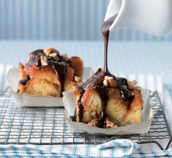 Banana bread pudding with hot fudge and toasted walnuts