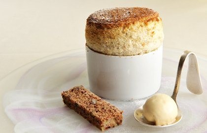 Banana bread soufflé with condensed milk ice cream and walnut banana bread