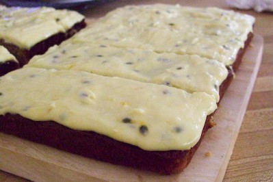 Banana cake & passionfruit cream cheese icing