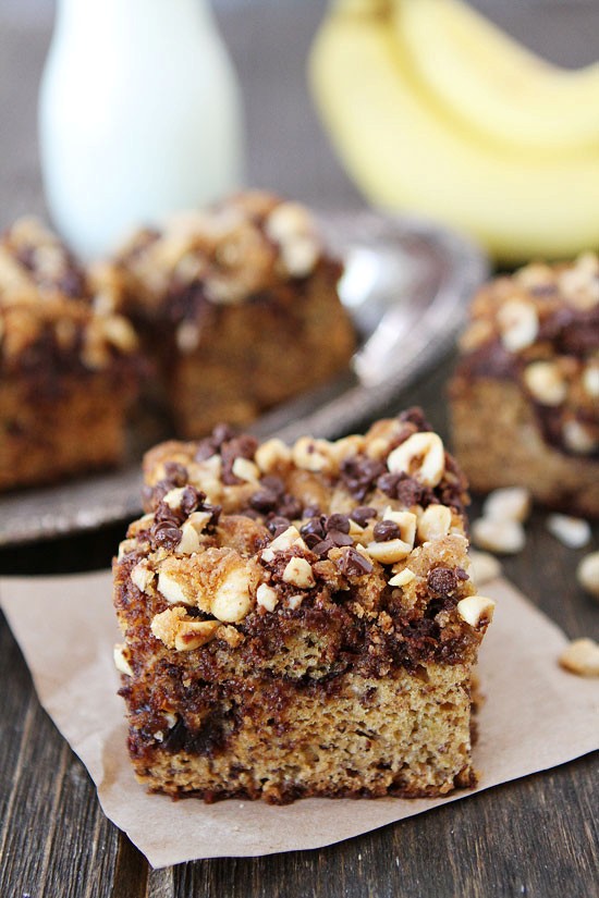 Banana cake with chocolate chip hazelnut streusel