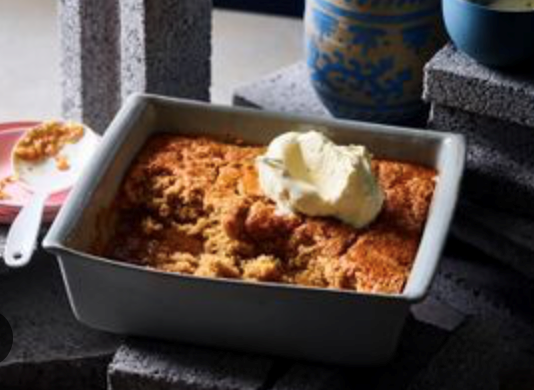 Banana, caramel and malt self-saucing pudding