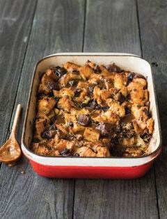 Banana chocolate bread pudding with salty caramel