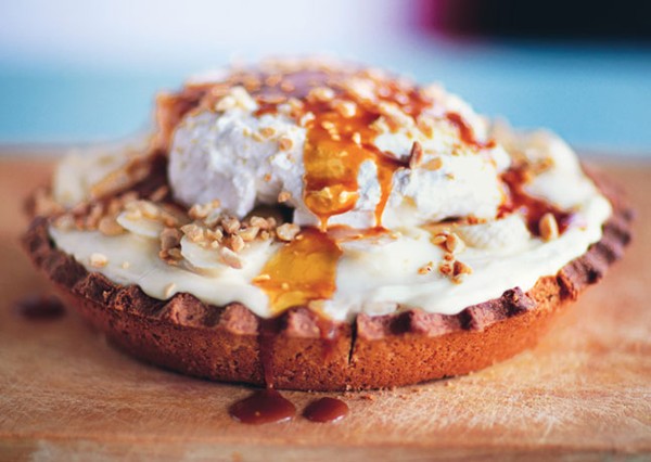 Banana cream pie with salty bourbon caramel