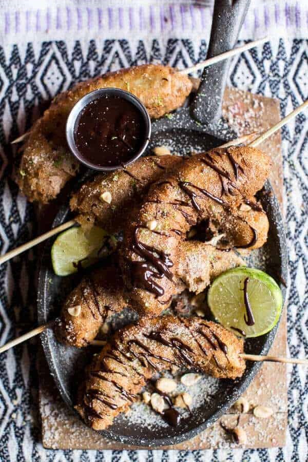 Banana fritters with peanut cinnamon sugar + Mexican chocolate sauce